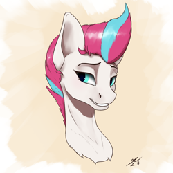 Size: 2160x2160 | Tagged: safe, artist:tenebrisnoctus, zipp storm, pegasus, pony, g5, aside glance, bust, female, high res, looking at you, mare, portrait, signature, simple background, smiling, solo, sternocleidomastoid