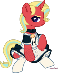 Size: 1018x1277 | Tagged: safe, artist:yeetmedownthestairs, oc, oc only, oc:sunshine blaze, pony, unicorn, clothes, collar, commission, female, magical lesbian spawn, maid, mare, offspring, parent:starlight glimmer, parent:sunset shimmer, parents:shimmerglimmer, simple background, sitting, socks, solo, stockings, thigh highs, transparent background, unamused, ych result