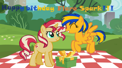 Size: 5340x3000 | Tagged: safe, artist:shieldwingarmorofgod, sunset shimmer, oc, oc:flare spark, pegasus, pony, unicorn, equestria girls, g4, birthday, female, happy, happy birthday, jumping, park, picnic, picnic blanket, present, smiling