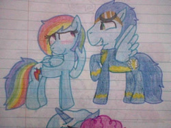 Size: 414x310 | Tagged: safe, artist:imtailsthefoxfan, rainbow dash, soarin', pegasus, pony, g4, clothes, female, lined paper, male, mare, ship:soarindash, shipping, stallion, straight, traditional art, uniform, wonderbolts uniform