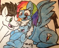 Size: 749x608 | Tagged: safe, artist:pimpartist101, rainbow dash, soarin', oc, pegasus, pony, g4, female, filly, foal, male, mare, offspring, parent:rainbow dash, parent:soarin', parents:soarindash, ship:soarindash, shipping, stallion, straight, traditional art