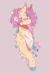 Size: 844x1280 | Tagged: safe, artist:tottallytoby, fluttershy, pegasus, pony, g4, alternate hairstyle, braid, branches, branches in hair, bust, chest fluff, ear fluff, ear tufts, eyes closed, eyeshadow, female, flower, flower in hair, gray background, leaves, leaves in hair, leg fluff, leg scar, makeup, mare, pale belly, purple background, scar, simple background, solo, twig