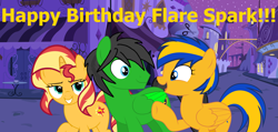 Size: 7467x3542 | Tagged: safe, artist:star-armour95, sunset shimmer, oc, oc:flare spark, oc:star armour, pegasus, pony, unicorn, g4, birthday, canterlot, female, happy birthday, male, mare, night, stallion