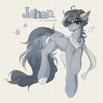 Size: 2922x2932 | Tagged: safe, artist:chamommile, oc, oc only, earth pony, pony, blue mane, brown eyes, character design, clothes, ear fluff, earth pony oc, high res, horns, long tail, looking at you, male, mallet, reference sheet, scarf, simple background, sketch, solo, stallion, tail