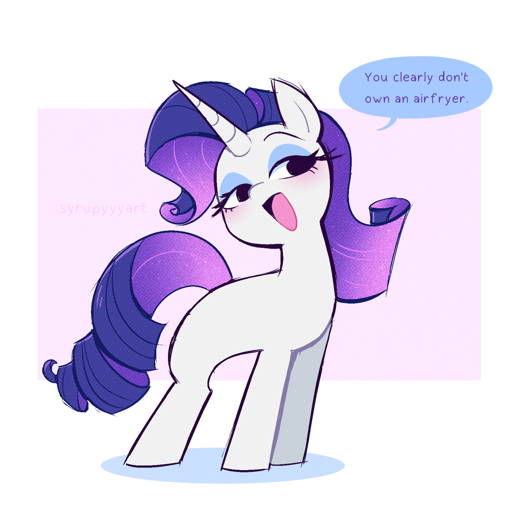 [blushing,dialogue,eyebrows,female,g4,horn,mare,meme,open mouth,pony,rarity,safe,signature,simple background,solo,speech bubble,unicorn,white background,lidded eyes,sparkly mane,missing cutie mark,artist:syrupyyy,passepartout,clearly you don't own an air fryer]