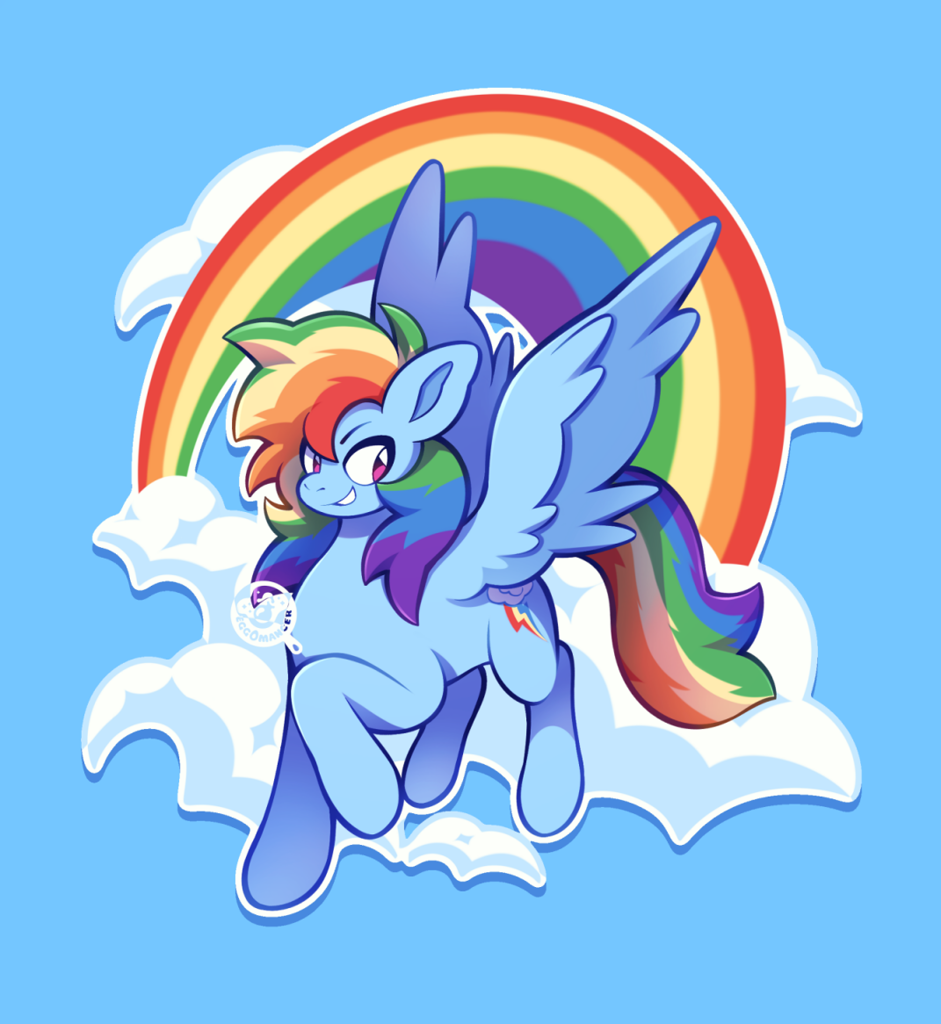 [cloud,female,flying,g4,grin,mare,pegasus,pony,rainbow,rainbow dash,safe,signature,sky,solo,wings,smiling,spread wings,artist:eggomancer]
