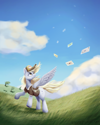 Size: 2000x2500 | Tagged: safe, artist:calebpedigo, derpy hooves, pegasus, pony, g4, bag, blown away, cloud, derp, female, frown, grass, grass field, hat, high res, hill, i just don't know what went wrong, letter, mailbag, mailmare, mailmare hat, mailmare uniform, mare, outdoors, sad, signature, sky, solo, spread wings, tree, wind, windswept mane, wings