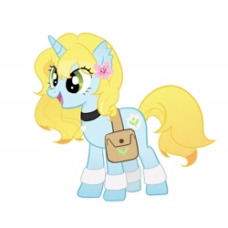 Size: 1920x1920 | Tagged: artist needed, safe, oc, oc only, oc:sky sprout, pony, unicorn, bag, choker, flower, flower in hair, open mouth, open smile, saddle bag, simple background, smiling, solo, standing, white background