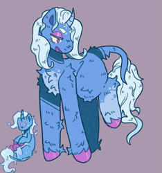 Size: 1921x2048 | Tagged: safe, artist:tottallytoby, trixie, pony, unicorn, g4, alternate design, chest fluff, coat markings, colored eyelashes, colored hooves, colored horn, curved horn, eyeshadow, female, hoof polish, horn, leg fluff, leonine tail, lidded eyes, makeup, mare, open mouth, pale belly, purple background, raised hoof, simple background, sitting, smiling, socks (coat markings), solo, standing, tail, tail fluff, turned head