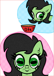 Size: 1000x1400 | Tagged: safe, artist:scandianon, oc, oc only, oc:filly anon, earth pony, pony, g4, bowl, derp, eating, female, filly, foal, food, herbivore, hoers, looking at you, oats, rectangular pupil, solo, wall eyed, whiskers