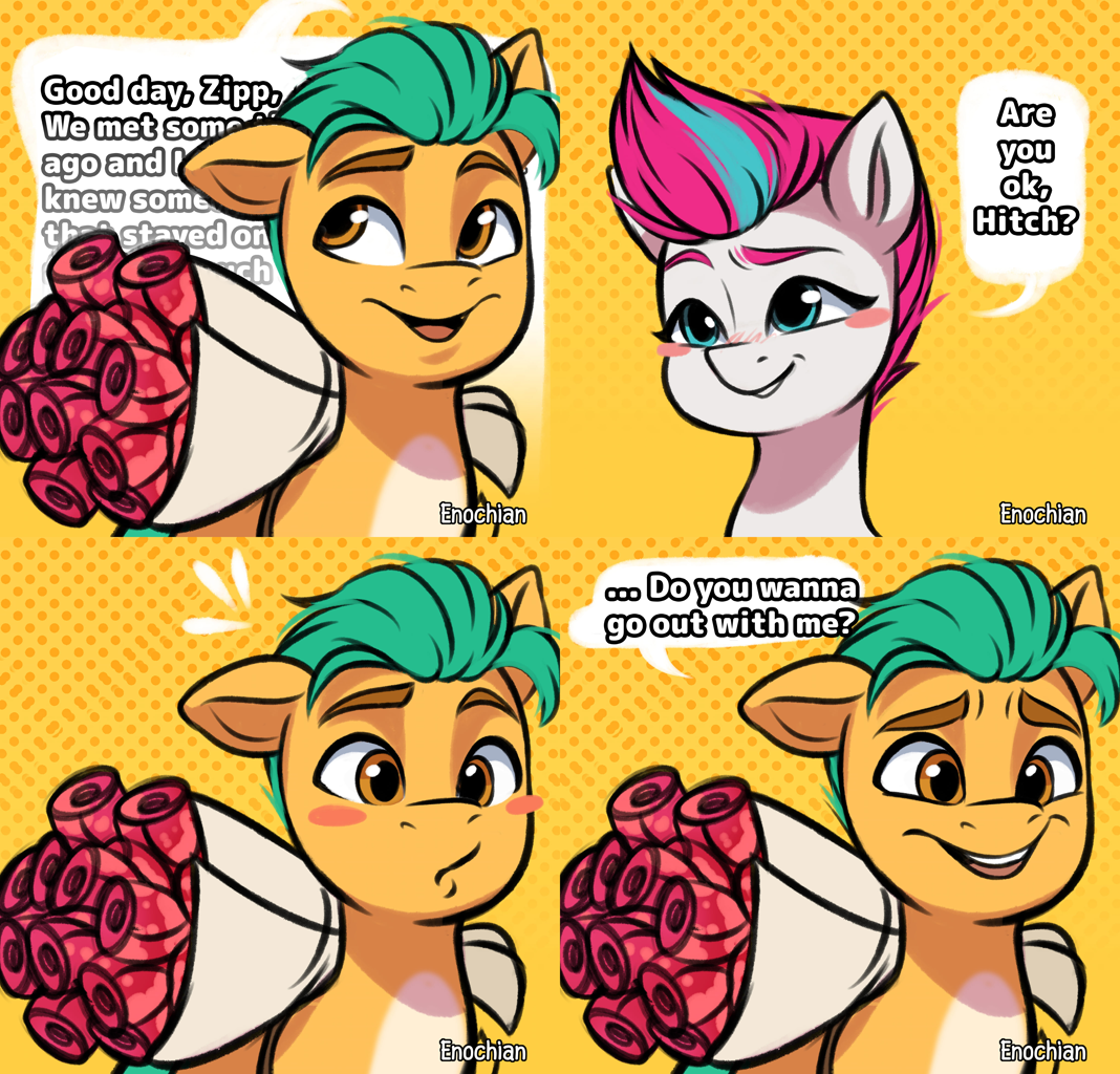 [blushing,comic,confession,dialogue,earth pony,english,female,flower,g5,male,mare,pegasus,pony,rose,safe,shipping,speech bubble,stallion,straight,talking,text,translation,looking at each other,smiling,bouquet of flowers,looking at someone,hitch trailblazer,zipp storm,hitchzipp,artist:enochian]
