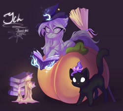 Size: 4096x3713 | Tagged: safe, artist:jsunlight, oc, cat, pony, book, candle, commission, halloween, hat, holiday, magic, pumpkin, signature, solo, witch, witch hat