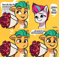 Size: 4096x3926 | Tagged: safe, artist:enochian, hitch trailblazer, zipp storm, earth pony, pegasus, pony, g5, blush sticker, blushing, bouquet of flowers, comic, confession, dialogue, female, flower, looking at each other, looking at someone, male, mare, rose, ship:stormblazer, shipping, smiling, spanish, spanish text, speech bubble, stallion, straight, talking, text, translated in the comments