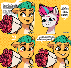 Size: 4096x3926 | Tagged: safe, artist:enochian, hitch trailblazer, zipp storm, earth pony, pegasus, pony, g5, blush sticker, blushing, bouquet of flowers, comic, confession, dialogue, duo, female, flower, looking at each other, looking at someone, male, mare, rose, ship:stormblazer, shipping, smiling, spanish, spanish text, speech bubble, stallion, straight, talking, text, translated in the comments