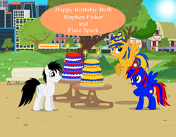 Size: 10943x8488 | Tagged: safe, artist:creedyboy124, oc, oc only, oc:flare spark, oc:shane park, oc:stephen (stephen-fisher), alicorn, pegasus, pony, g4, birthday, birthday cake, cake, female, food, happy birthday, hat, male, mare, outdoors, party hat, stallion, table