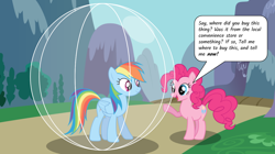 Size: 1286x721 | Tagged: safe, artist:rebelsuperstar, pinkie pie, rainbow dash, earth pony, pegasus, pony, g4, bubble, duo, female, in bubble, mountain, plastic bubble, sky