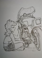 Size: 1622x2271 | Tagged: safe, artist:daisymane, rainbow dash, human, equestria girls, g4, female, grayscale, monochrome, motorcycle, sitting, solo, traditional art