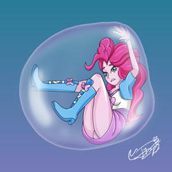 Size: 2048x2048 | Tagged: safe, artist:jayrodriguez, pinkie pie, human, equestria girls, g4, arms in the air, blue background, boots, bracelet, breasts, bubble, cleavage, clothes, cute, diapinkes, female, hair, high heel boots, high res, in bubble, jewelry, panties, pink panties, pink underwear, pinkie pie is not amused, pinkie pie trapped in a bubble, shirt, shoes, signature, simple background, skirt, soap bubble, solo, teenager, unamused, underwear, upskirt, vest