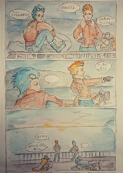 Size: 1463x2048 | Tagged: safe, artist:daisymane, soarin', spitfire, human, g4, ..., bomber jacket, clothes, comic, duo, duo male and female, female, humanized, jacket, japanese, male, motorcycle, pointing, speech bubble, sunrise, traditional art, water