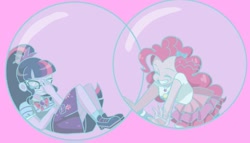 Size: 711x407 | Tagged: safe, artist:artsypuppet, edit, pinkie pie, sci-twi, twilight sparkle, human, equestria girls, g4, annoyed, bowtie, breasts, bubble, bubble solution, clothes, cropped, duo, duo female, facepalm, female, glasses, grin, hair, hairpin, happy, in bubble, pink background, pinkie pie trapped in a bubble, ponytail, shirt, shoes, simple background, skirt, sleeveless, smiling, soap bubble, socks, teenager, twilight sparkle is not amused, unamused