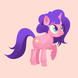 Size: 960x960 | Tagged: safe, oc, oc only, pony, unicorn, female, female oc, green eyes, horn, mare, minimalist, pink background, purple hair, purple mane, purple tail, raised hoof, simple background, solo, tail, unicorn oc