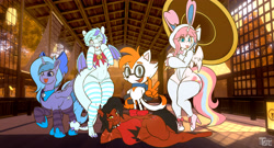 Size: 6500x3500 | Tagged: safe, artist:tatemil, oc, oc only, oc:dex, oc:lulu star moonie, oc:lux, oc:nekonin, oc:sky gamer, alicorn, anthro, digitigrade anthro, plantigrade anthro, unguligrade anthro, 3d, alicorn oc, bikini, bow, breasts, clothes, fanart, furry, furry oc, hair bow, high heels, horn, lying down, on side, open mouth, open smile, shoes, smiling, socks, striped socks, swimsuit, vrchat, wings