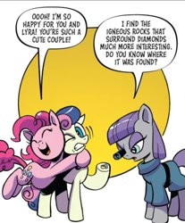 Size: 713x863 | Tagged: safe, idw, bon bon, maud pie, pinkie pie, sweetie drops, earth pony, pony, friendship is magic #89, g4, season 10, cute, diapinkes, engagement ring, female, gritted teeth, hape, hoof hold, hug, implied lesbian, implied lyrabon, implied shipping, jeweler's loupe, mare, neck hug, personal space invasion, teeth, trio