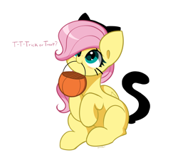 Size: 3741x3362 | Tagged: safe, artist:kittyrosie, fluttershy, pegasus, pony, blush lines, blushing, cat ears, cat tail, clothes, costume, cute, daaaaaaaaaaaw, female, fluttercat, halloween, halloween costume, heart, heart eyes, holiday, mare, mouth hold, pumpkin bucket, shyabetes, simple background, sitting, solo, tail, weapons-grade cute, white background, wingding eyes