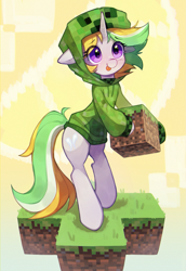 Size: 2259x3285 | Tagged: safe, artist:astralblues, oc, oc only, oc:lemonswoosh, pony, unicorn, bipedal, clothes, cosplay, costume, creeper (minecraft), cute, eye clipping through hair, eyebrows, eyebrows visible through hair, female, floppy ears, high res, hoodie, horn, mare, minecraft, ocbetes, solo, tongue out, unicorn oc