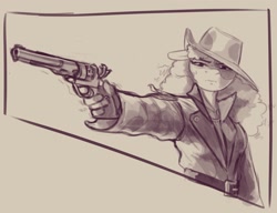 Size: 2048x1573 | Tagged: safe, artist:shouldbedrawing, oc, oc only, oc:golden rose, earth pony, anthro, fallout equestria, clothes, cowboy hat, fallout equestria oc, female, gun, handgun, hat, mare, minutemare, monochrome, revolver, sepia, solo, trenchcoat, weapon