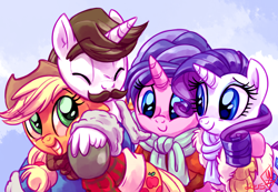 Size: 1300x900 | Tagged: safe, artist:whitediamonds, applejack, cookie crumbles, hondo flanks, rarity, earth pony, pony, unicorn, rarijack daily, g4, applejack's hat, clothes, cowboy hat, eyebrows, eyebrows visible through hair, eyes closed, facial hair, fanfic, fanfic art, female, freckles, group, hat, horn, how far away you roam, hug, lesbian, looking at someone, male, mare, moustache, quartet, rarity's parents, scarf, ship:cookieflanks, ship:rarijack, shipping, signature, smiling, stallion, straight
