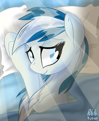 Size: 1709x2096 | Tagged: safe, artist:notadeliciouspotato, oc, oc only, oc:serene dive, earth pony, pony, blanket, chest fluff, crepuscular rays, female, lidded eyes, mare, morning, morning ponies, pillow, signature, smiling, solo