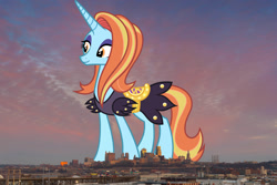 Size: 1600x1068 | Tagged: safe, anonymous editor, artist:starryshineviolet, edit, sassy saddles, pony, unicorn, g4, clothes, dress, eyeshadow, female, giant pony, giantess, highrise ponies, irl, kansas city, macro, makeup, mare, missouri, photo, ponies in real life, saddle, solo, story included, tack