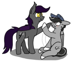 Size: 1000x856 | Tagged: safe, artist:lostbrony, oc, oc only, oc:chopsticks, oc:specter, bat pony, pegasus, pony, boop, cheek fluff, chest fluff, chopsticks is not amused, duo, fangs, floppy ears, gritted teeth, hat, male, non-consensual booping, simple background, sitting, stallion, teeth, unamused, unshorn fetlocks, white background