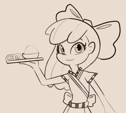 Size: 1201x1080 | Tagged: safe, artist:tjpones, apple bloom, human, g4, food, gray background, grayscale, humanized, looking at you, monochrome, rice, simple background, smiling, smiling at you, solo, sushi, tray