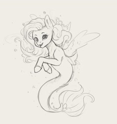 Size: 3092x3272 | Tagged: safe, artist:miokomata, fluttershy, pegasus, pony, seapony (g4), g4, bubble, chest fluff, cute, dorsal fin, female, fin, fin wings, fins, fish tail, flowing mane, flowing tail, high res, mare, monochrome, ocean, open mouth, open smile, scales, seaponified, seapony fluttershy, shyabetes, sketch, smiling, solo, species swap, swimming, tail, underwater, water, wings