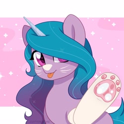 Size: 2048x2048 | Tagged: safe, artist:cottonaime, izzy moonbow, pony, unicorn, g5, :p, behaving like a cat, cat paws, clothes, cute, female, hair over one eye, high res, izzybetes, looking at you, mare, paw pads, paw socks, socks, solo, tongue out