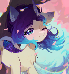 Size: 3000x3200 | Tagged: safe, artist:astralblues, oc, oc only, oc:gentle spring, kirin, pony, chest fluff, eyebrows, eyebrows visible through hair, female, high res, horn, kirin oc, mare, one eye closed, smiling, solo