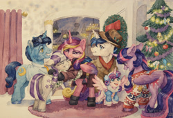 Size: 3987x2726 | Tagged: safe, artist:the-wizard-of-art, night light, princess cadance, princess flurry heart, shining armor, twilight sparkle, twilight velvet, alicorn, pony, unicorn, g4, 2021, aunt, aunt and niece, brother and sister, carpet, christmas, christmas 2021, christmas tree, christmas wreath, clothes, cute, daughter, eyebrows, eyes closed, family, father, father and child, father and daughter, father and daughter-in-law, father and son, female, filly, filly flurry heart, floppy ears, flurrybetes, foal, folded wings, grandfather and grandchild, grandfather and granddaughter, grandmother and grandchild, grandmother and granddaughter, grin, group, hat, hearth's warming, high res, holiday, horn, hug, husband and wife, indoors, looking at each other, looking at someone, male, mare, mother, mother and child, mother and daughter, mother and daughter-in-law, mother and son, niece, older, older flurry heart, open mouth, open smile, sextet, ship:nightvelvet, ship:shiningcadance, shipping, siblings, signature, smiling, son, sparkle family, spread wings, stallion, straight, sweater, traditional art, tree, twilight sparkle (alicorn), wall of tags, watercolor painting, wings, wreath