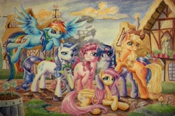 Size: 4575x3014 | Tagged: safe, artist:the-wizard-of-art, applejack, derpy hooves, fluttershy, pinkie pie, rainbow dash, rarity, spike, twilight sparkle, earth pony, pegasus, pony, unicorn, g4, applejack's hat, cowboy hat, crossed arms, eyebrows, female, floppy ears, flying, folded wings, freckles, grin, hat, high res, horn, looking at you, lying down, mane seven, mane six, mare, one eye closed, outdoors, ponyville, prone, raised hoof, smiling, smiling at you, spread wings, traditional art, unicorn twilight, watercolor painting, wings, wink, winking at you