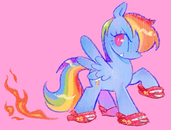 Size: 1075x817 | Tagged: safe, artist:shugrcube, rainbow dash, pegasus, pony, g4, cars (pixar), clothes, crocs, fire, grin, lightning mcqueen, pink background, raised hoof, shoes, simple background, smiling, solo, spread wings, wings