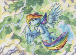 Size: 6948x5043 | Tagged: safe, artist:the-wizard-of-art, rainbow dash, pegasus, pony, g4, absurd file size, absurd resolution, belly, cute, dashabetes, eyebrows, eyes closed, female, floating, flying, mare, peaceful, smiling, solo, spread wings, traditional art, watercolor painting, wings