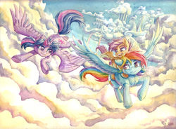 Size: 6895x5064 | Tagged: safe, artist:the-wizard-of-art, rainbow dash, scootaloo, twilight sparkle, alicorn, pegasus, pony, g4, absurd resolution, cloud, cloudsdale, colored eyebrows, commission, eyebrows, female, filly, flying, foal, horn, looking at each other, looking at someone, mare, open mouth, open smile, ponies riding ponies, riding, riding a pony, scootaloo riding rainbow dash, scootalove, signature, sky, smiling, smiling at each other, spread wings, the cmc's cutie marks, traditional art, trio, twilight sparkle (alicorn), underhoof, watercolor painting, wings