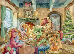 Size: 13712x10008 | Tagged: safe, artist:the-wizard-of-art, apple bloom, applejack, big macintosh, bright mac, granny smith, pear butter, earth pony, pony, g4, absurd file size, absurd resolution, apple family, apple siblings, apple sisters, applejack's hat, baby, baby apple bloom, baby pony, bipedal, bipedal leaning, brother and sister, cheek fluff, chest fluff, christmas, christmas tree, colt, colt big macintosh, cookie, cottagecore, cowboy hat, days gone by, ear fluff, eyebrows, family, father and child, father and daughter, father and son, female, filly, filly applejack, fireplace, fluffy, foal, food, freckles, grandmother and grandchild, grandmother and granddaughter, grandmother and grandson, grin, hat, holiday, hoof hold, hug, indoors, leaning, leg fluff, lidded eyes, looking at each other, looking at someone, male, mare, mother and child, mother and daughter, mother and daughter-in-law, mother and son, mug, neck fluff, one eye closed, open mouth, open smile, pigtails, pointing, present, reaching, ship:brightbutter, shipping, siblings, signature, sisters, sitting, smiling, stallion, straight, table, traditional art, tree, twintails, underhoof, unshorn fetlocks, wall of tags, watercolor painting, window, wink, younger