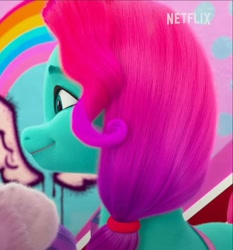 Size: 1424x1526 | Tagged: safe, screencap, jazz hooves, pipp petals, earth pony, pony, g5, mane smelody, my little pony: make your mark, my little pony: make your mark chapter 5, spoiler:g5, close-up, cropped, cute, female, frown, jazz has no ears, jazzibetes, mane melody (location), mare, netflix, no ears, solo focus