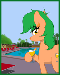 Size: 1592x2000 | Tagged: safe, artist:seafooddinner, oc, oc only, earth pony, pony, drink, earth pony oc, looking at you, outdoors, passepartout, smiling, solo, swimming pool, tree