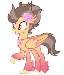 Size: 1280x1510 | Tagged: safe, artist:vi45, oc, oc only, unnamed oc, classical hippogriff, hippogriff, g4, adoptable, beak, colored wings, female, flower, flower in hair, gradient legs, gradient wings, hippogriff oc, jewelry, necklace, open beak, open mouth, open smile, simple background, smiling, solo, white background, wings