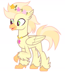 Size: 1280x1417 | Tagged: safe, artist:vi45, oc, oc only, classical hippogriff, hippogriff, g4, beak, flower, flower in hair, folded wings, male, open beak, open mouth, simple background, solo, standing, white background, wings