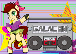 Size: 827x592 | Tagged: safe, artist:sallycars, oc, oc only, oc:canni soda, earth pony, pony, galacon, boombox, clothes, galacon 2023, radio, solo
