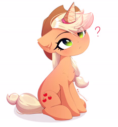 Size: 2481x2664 | Tagged: safe, artist:shavurrr, applejack, earth pony, pony, g4, applejack's hat, behaving like a cat, chest fluff, cowboy hat, cute, ear fluff, eyebrows, fake horn, female, floppy ears, food, hat, high res, ice cream, ice cream cone, ice cream horn, jackabetes, looking up, mare, question mark, signature, silly, silly pony, simple background, sitting, solo, white background, who's a silly pony